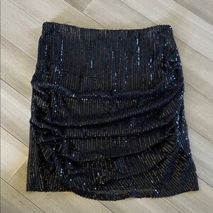 Black Front-Ruched Sequin Mini Skirt